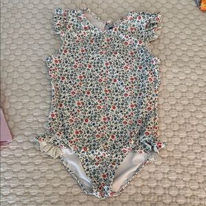 Girls' Floral Ruffle One-Piece Swimsuit — Cream with Blue & Coral Flowers Sz 7/8